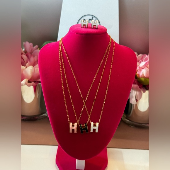 Pink, Black, White Enamel H Fashion Earrings or Necklace - Picture 2 of 8